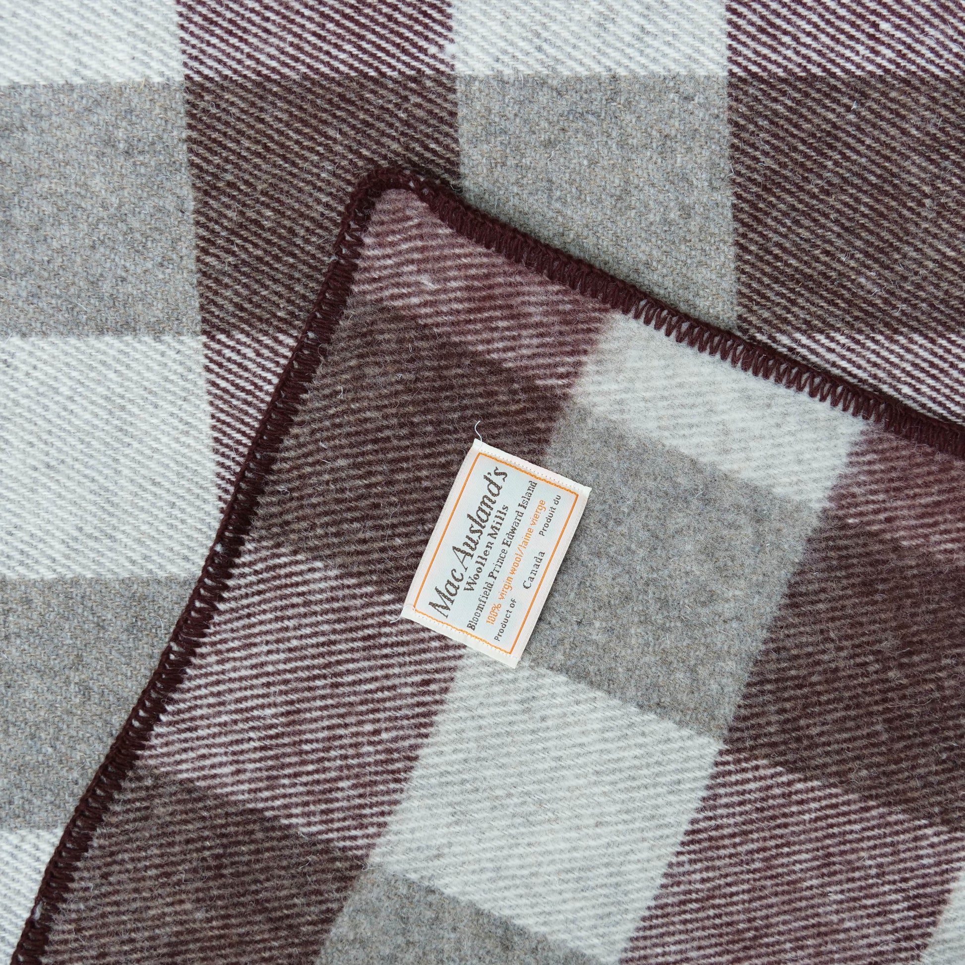 MacAusland Wool Brown and Grey Checkered Throw Blanket Made in Canada