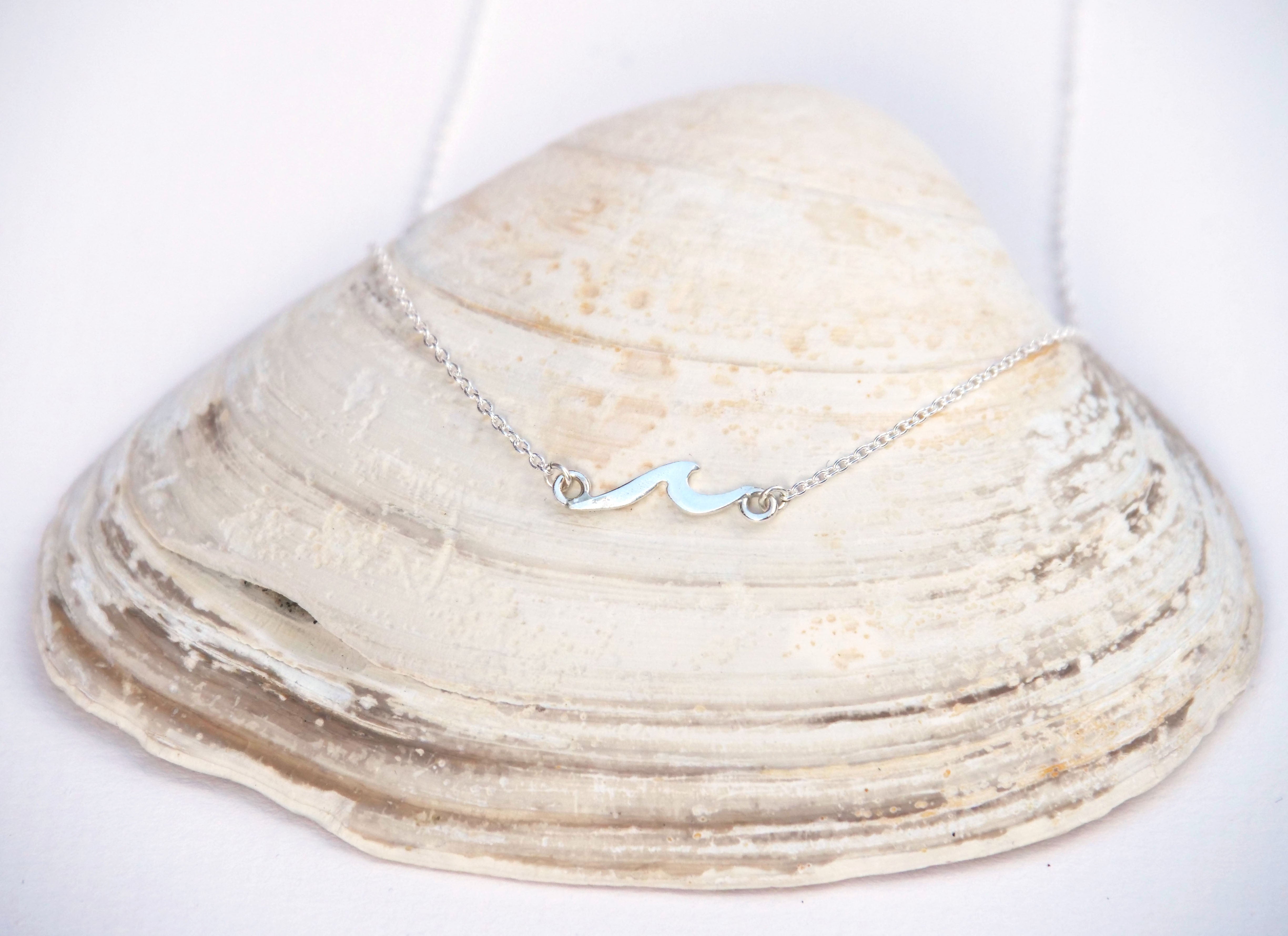 Silver Open Wave Necklace with Aqua Sea Glass Made in Hawaii - Maui Hands