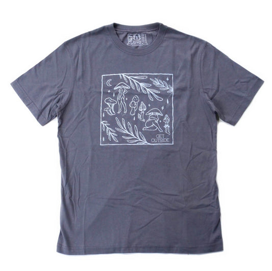 Made in Canada slate unisex t-shirt with silkscreened original mushroom artwork.